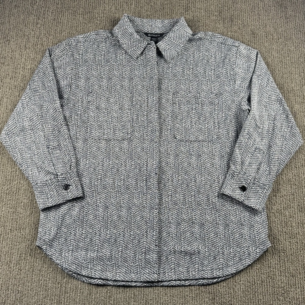 Athleta Womens L Braiden Textured Shirt Jacket Button Up Long Sleeve Black White